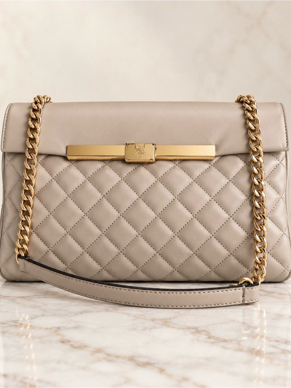 Brooks Brothers Quilted Leather Lambskin Shoulder Bag Beige Gold Chain